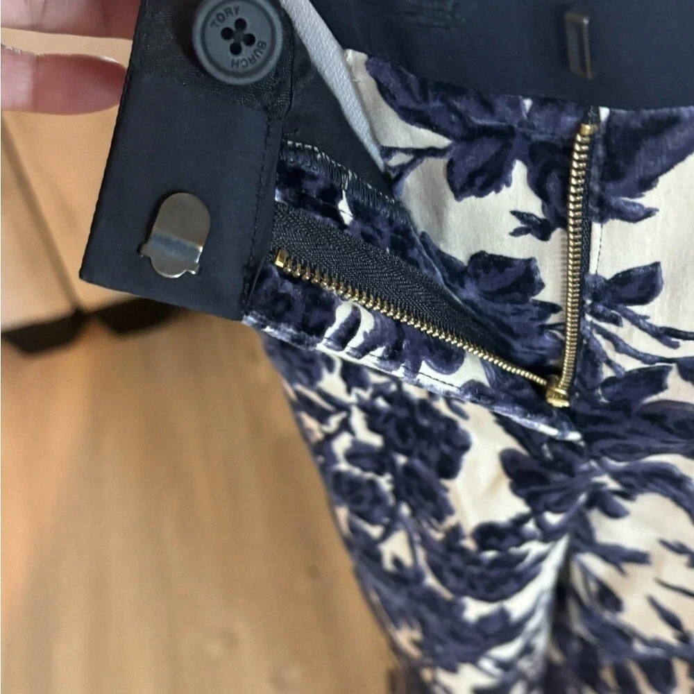 Tory Burch Floral Velvet Burnout Trousers Navy Cream Devore Slim Leg Pants